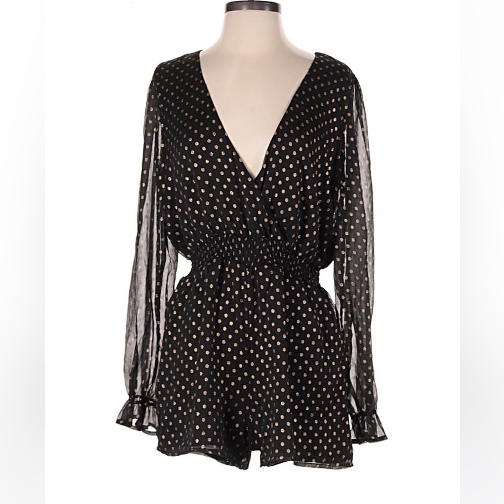 Lulus Evening Gold Dot Black Chiffon Romper Medium Sheer Sleeve V Neck Flowy NWT - Picture 6 of 6